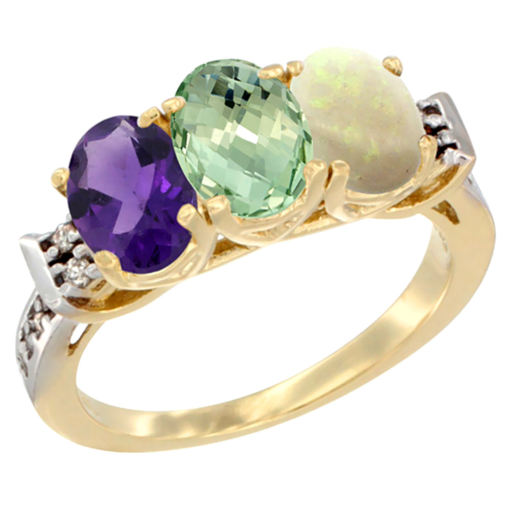 10K Yellow Gold Natural Amethyst, Green Amethyst & Opal Ring 3-Stone Oval 7x5 mm Diamond Accent, sizes 5 - 10