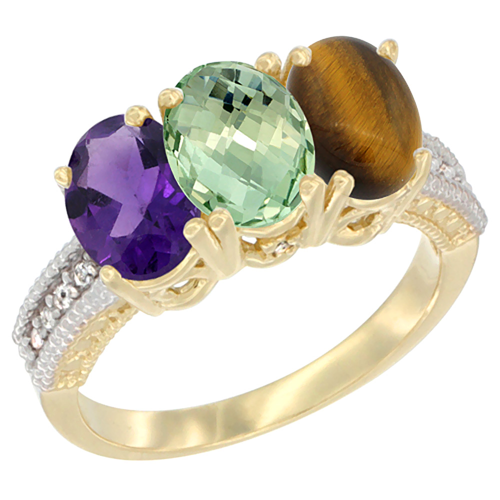 14K Yellow Gold Natural Amethyst, Green Amethyst &amp; Tiger Eye Ring 3-Stone 7x5 mm Oval Diamond Accent, sizes 5 - 10