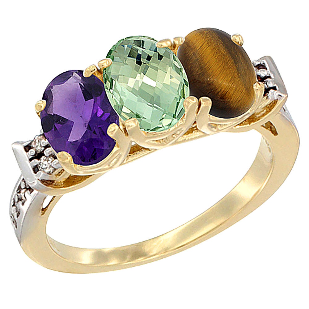 14K Yellow Gold Natural Amethyst, Green Amethyst &amp; Tiger Eye Ring 3-Stone 7x5 mm Oval Diamond Accent, sizes 5 - 10