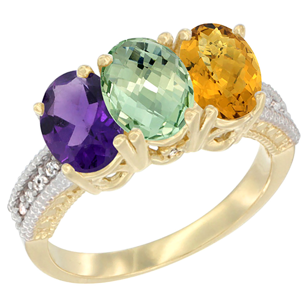 14K Yellow Gold Natural Amethyst, Green Amethyst &amp; Whisky Quartz Ring 3-Stone 7x5 mm Oval Diamond Accent, sizes 5 - 10