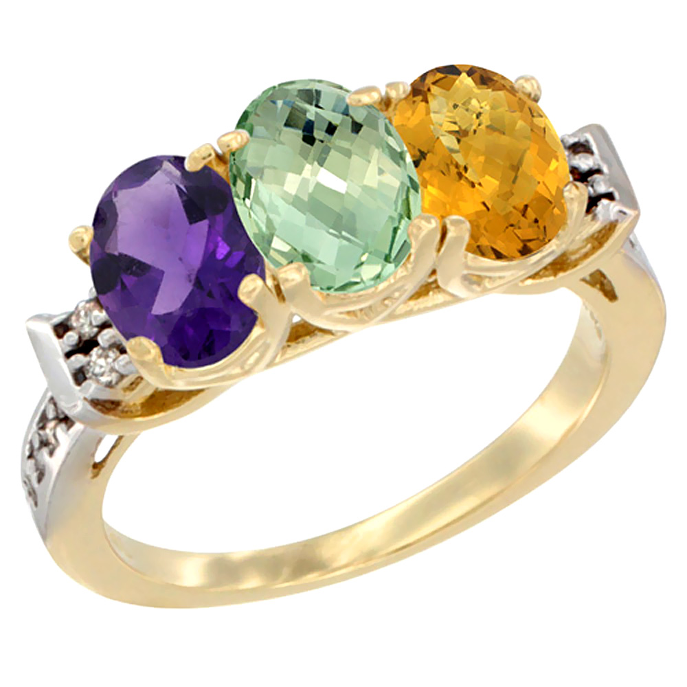 14K Yellow Gold Natural Amethyst, Green Amethyst &amp; Whisky Quartz Ring 3-Stone 7x5 mm Oval Diamond Accent, sizes 5 - 10