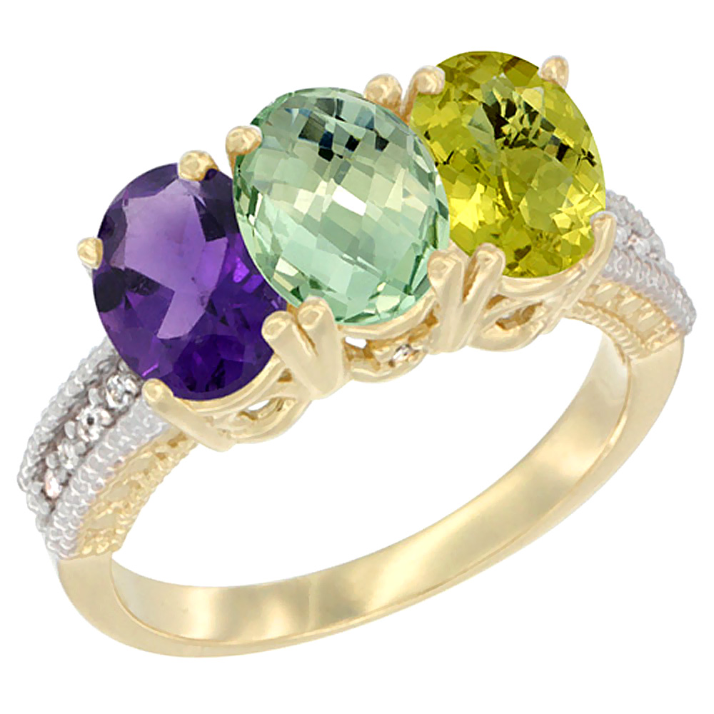 10K Yellow Gold Diamond Natural Purple &amp; Green Amethysts &amp; Lemon Quartz Ring Oval 3-Stone 7x5 mm,sizes 5-10