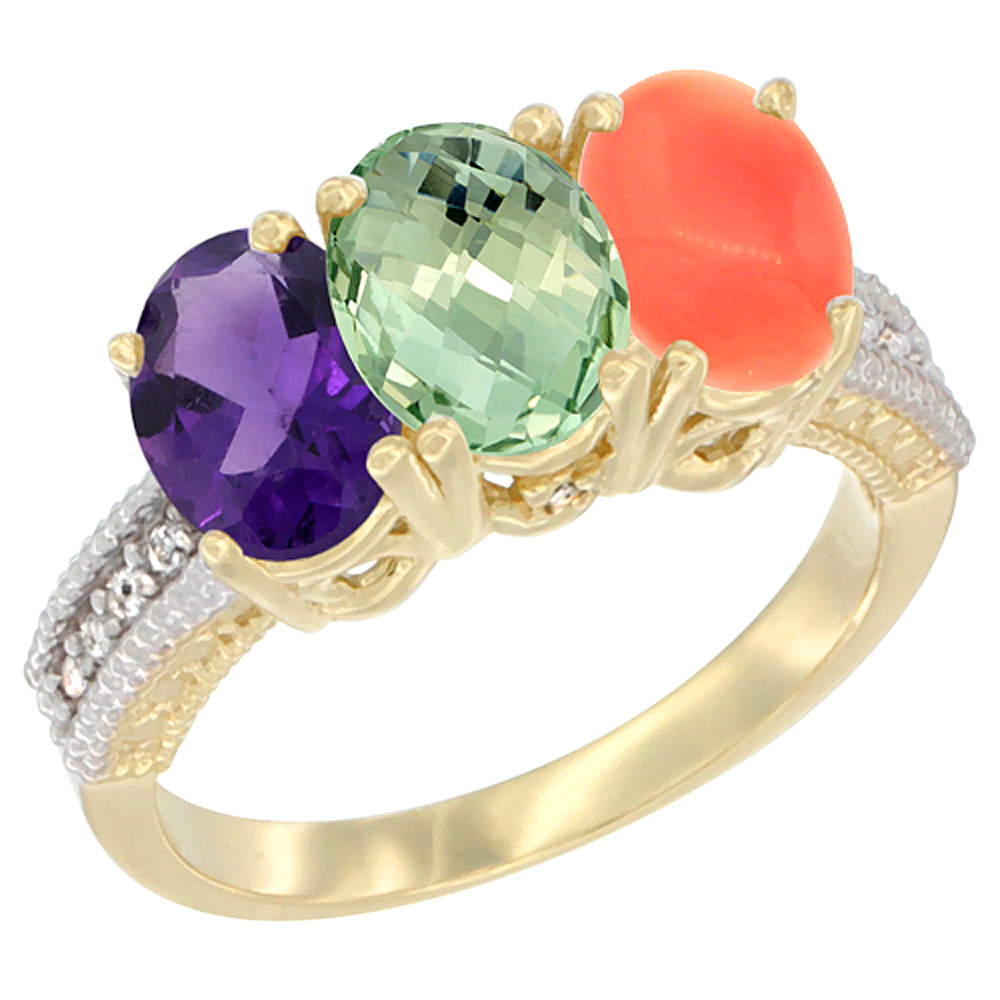 10K Yellow Gold Diamond Natural Purple & Green Amethysts & Coral Ring Oval 3-Stone 7x5 mm,sizes 5-10
