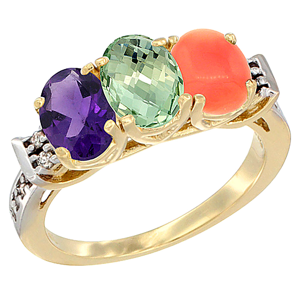10K Yellow Gold Natural Amethyst, Green Amethyst & Coral Ring 3-Stone Oval 7x5 mm Diamond Accent, sizes 5 - 10