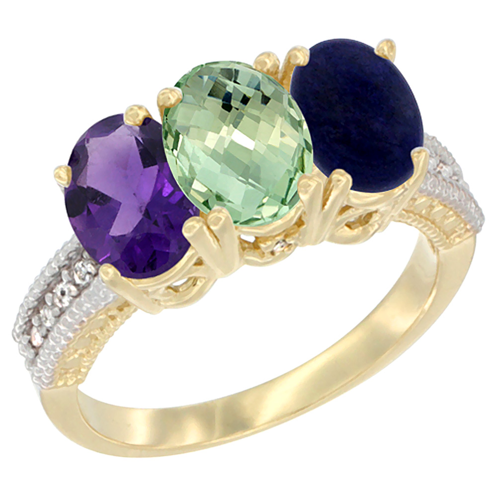 14K Yellow Gold Natural Amethyst, Green Amethyst &amp; Lapis Ring 3-Stone 7x5 mm Oval Diamond Accent, sizes 5 - 10