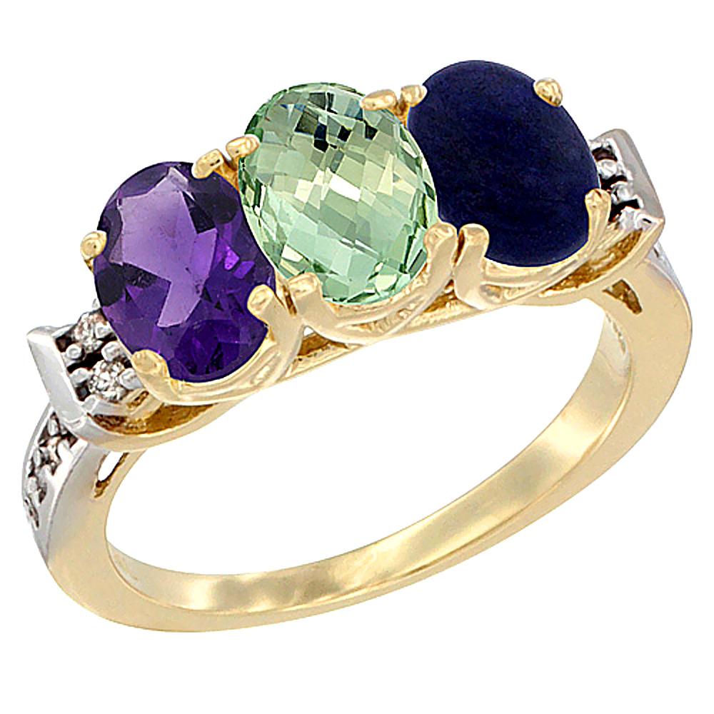 14K Yellow Gold Natural Amethyst, Green Amethyst &amp; Lapis Ring 3-Stone 7x5 mm Oval Diamond Accent, sizes 5 - 10