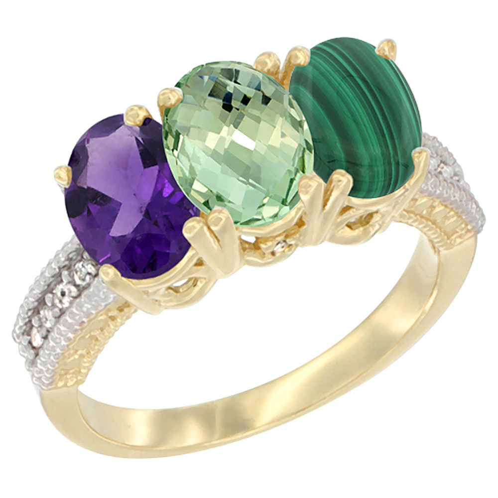 10K Yellow Gold Diamond Natural Purple &amp; Green Amethysts &amp; Malachite Ring Oval 3-Stone 7x5 mm,sizes 5-10