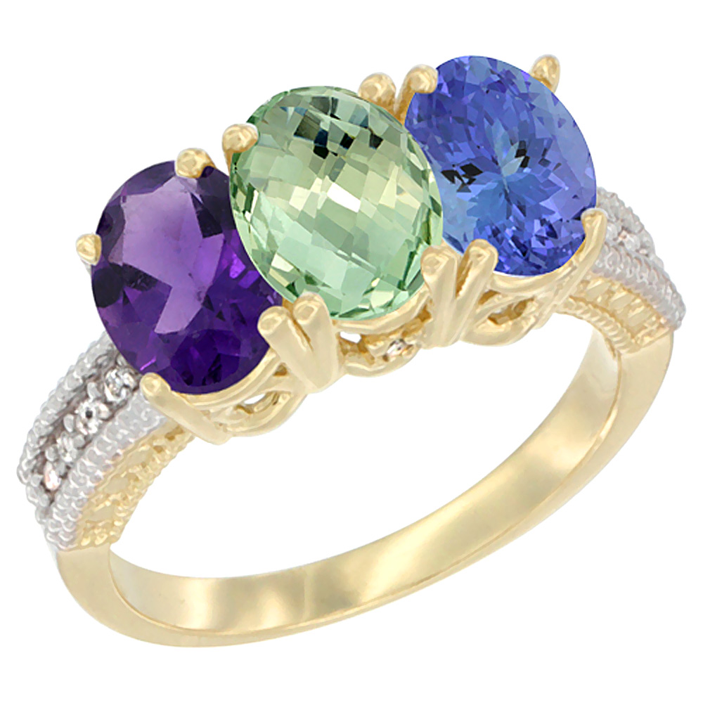14K Yellow Gold Natural Amethyst, Green Amethyst & Tanzanite Ring 3-Stone 7x5 mm Oval Diamond Accent, sizes 5 - 10