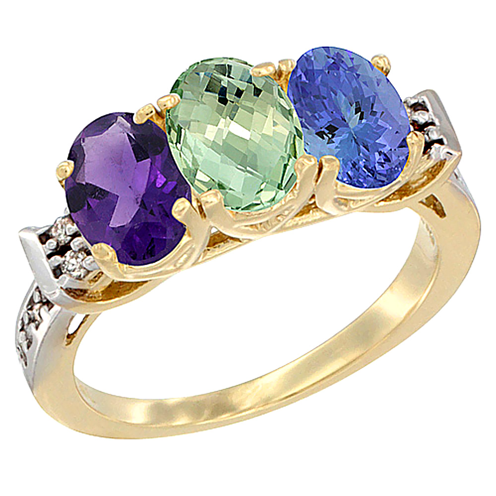 14K Yellow Gold Natural Amethyst, Green Amethyst &amp; Tanzanite Ring 3-Stone 7x5 mm Oval Diamond Accent, sizes 5 - 10