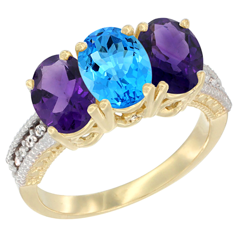 14K Yellow Gold Natural Swiss Blue Topaz & Amethyst Ring 3-Stone 7x5 mm Oval Diamond Accent, sizes 5 - 10