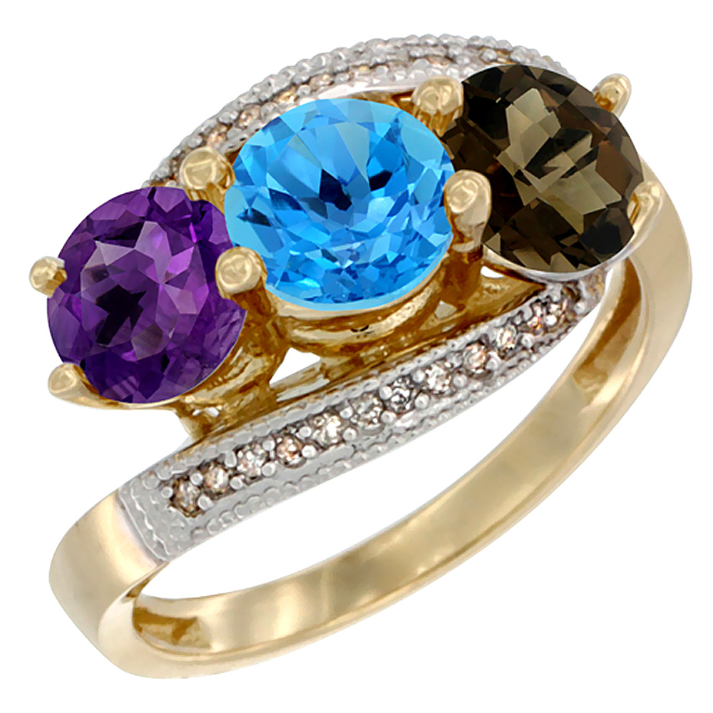 10K Yellow Gold Natural Amethyst, Swiss Blue & Smoky Topaz 3 stone Ring Round 6mm Diamond Accent, sizes 5 - 10