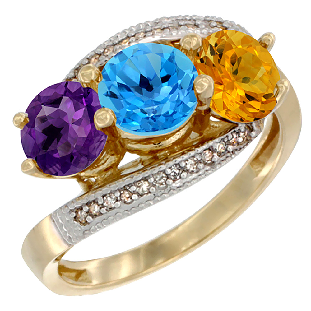 10K Yellow Gold Natural Amethyst, Swiss Blue Topaz & Citrine 3 stone Ring Round 6mm Diamond Accent, sizes 5 - 10