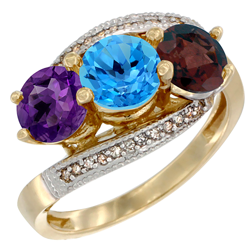 10K Yellow Gold Natural Amethyst, Swiss Blue Topaz & Garnet 3 stone Ring Round 6mm Diamond Accent, sizes 5 - 10