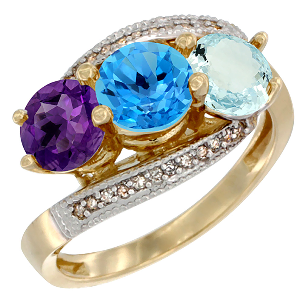 14K Yellow Gold Natural Amethyst, Swiss Blue Topaz & Aquamarine 3 stone Ring Round 6mm Diamond Accent, sizes 5 - 10