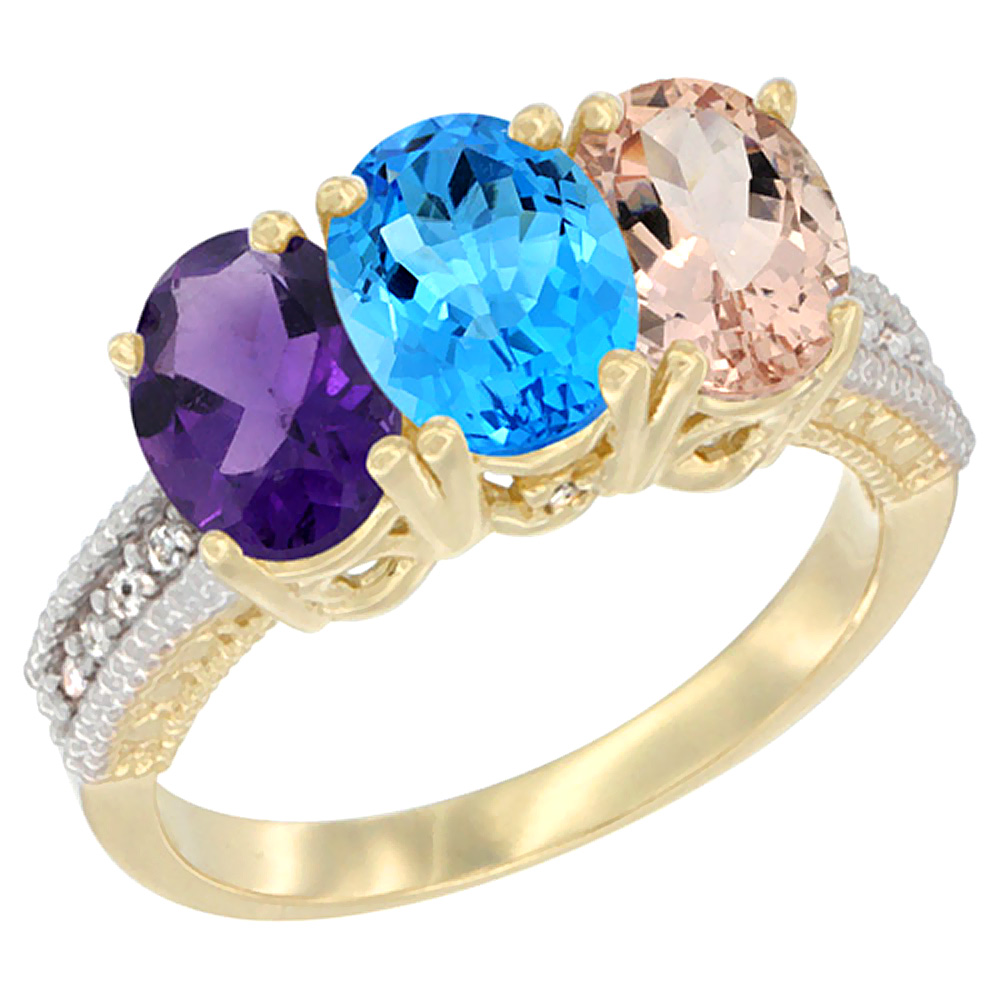14K Yellow Gold Natural Amethyst, Swiss Blue Topaz & Morganite Ring 3-Stone 7x5 mm Oval Diamond Accent, sizes 5 - 10