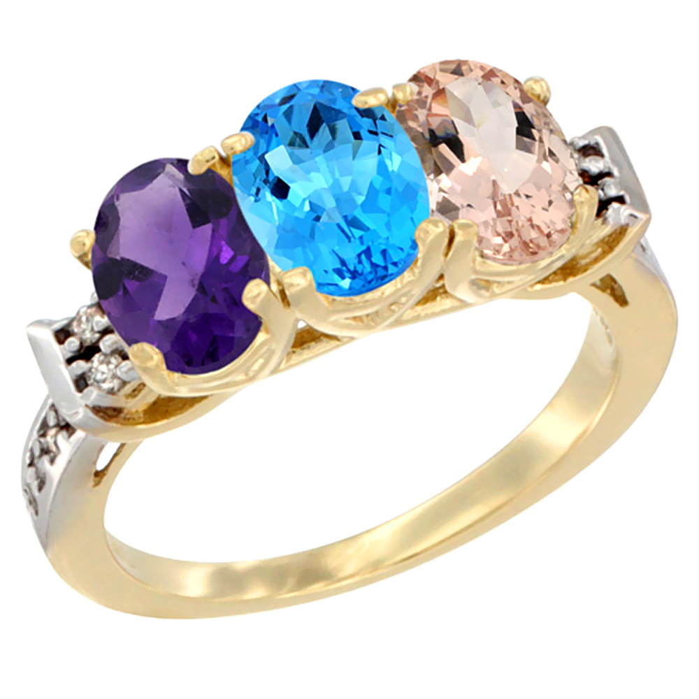 10K Yellow Gold Natural Amethyst, Swiss Blue Topaz &amp; Morganite Ring 3-Stone Oval 7x5 mm Diamond Accent, sizes 5 - 10