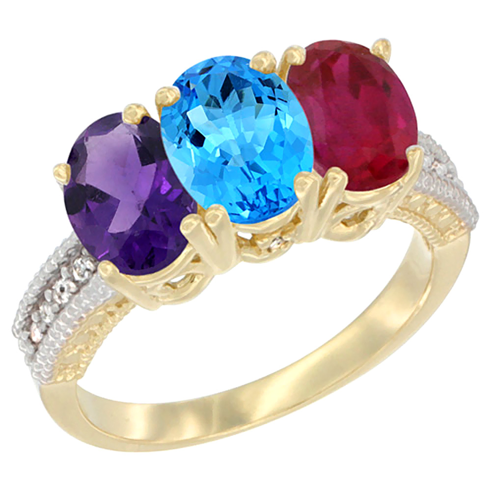 14K Yellow Gold Natural Amethyst, Swiss Blue Topaz & Enhanced Ruby Ring 3-Stone 7x5 mm Oval Diamond Accent, sizes 5 - 10