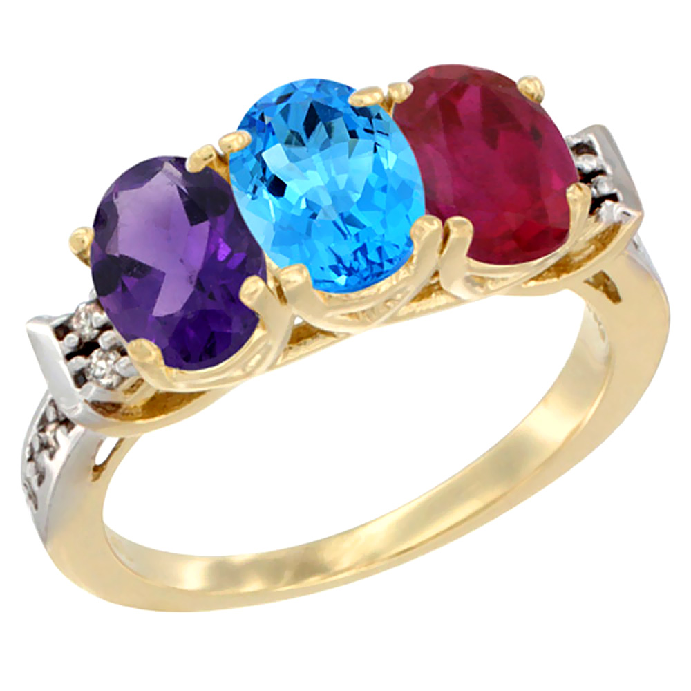 10K Yellow Gold Natural Amethyst, Swiss Blue Topaz & Enhanced Ruby Ring 3-Stone Oval 7x5 mm Diamond Accent, sizes 5 - 10