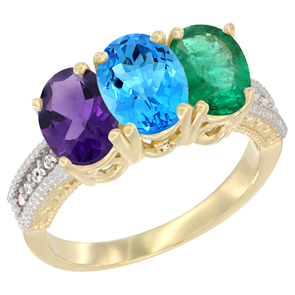 14K Yellow Gold Natural Amethyst, Swiss Blue Topaz & Emerald Ring 3-Stone 7x5 mm Oval Diamond Accent, sizes 5 - 10