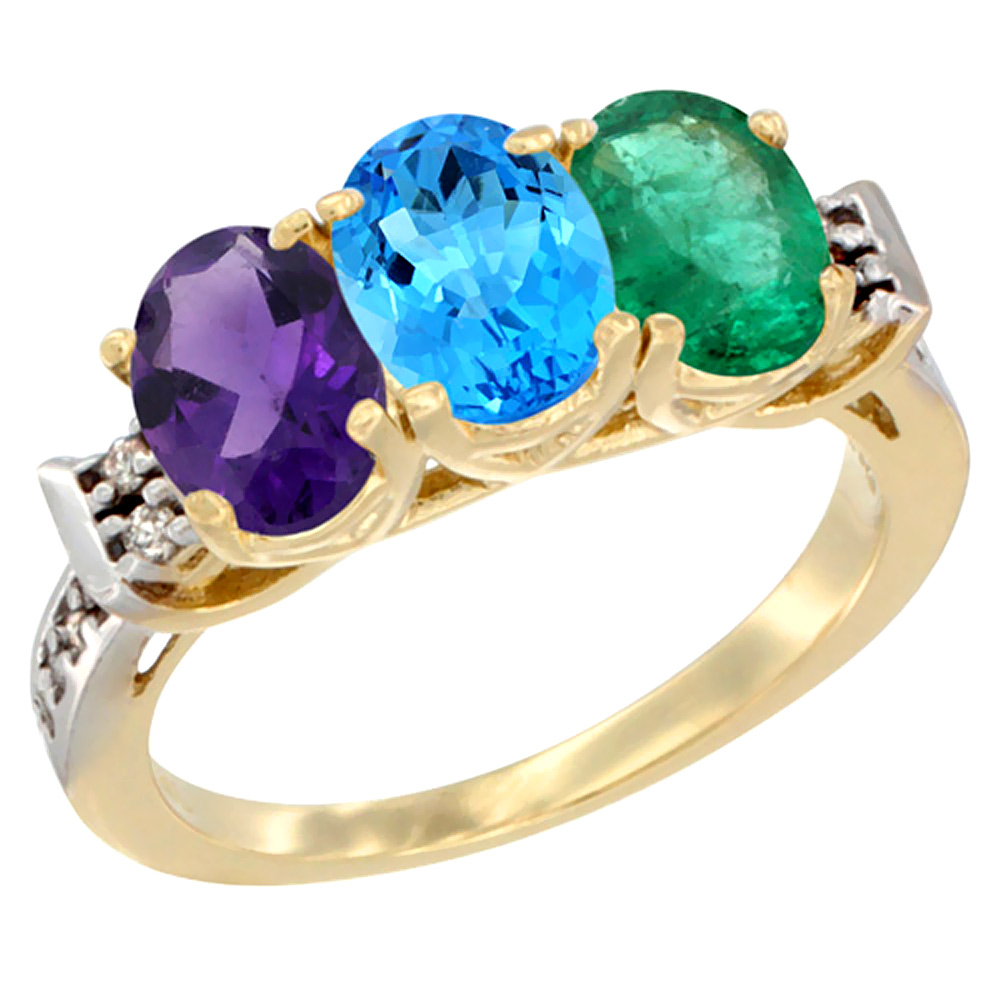 14K Yellow Gold Natural Amethyst, Swiss Blue Topaz & Emerald Ring 3-Stone 7x5 mm Oval Diamond Accent, sizes 5 - 10