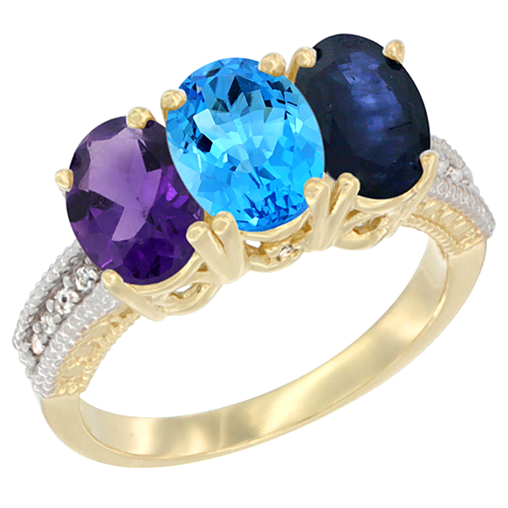 10K Yellow Gold Diamond Natural Amethyst, Swiss Blue Topaz & Blue Sapphire Ring Oval 3-Stone 7x5 mm,sizes 5-10