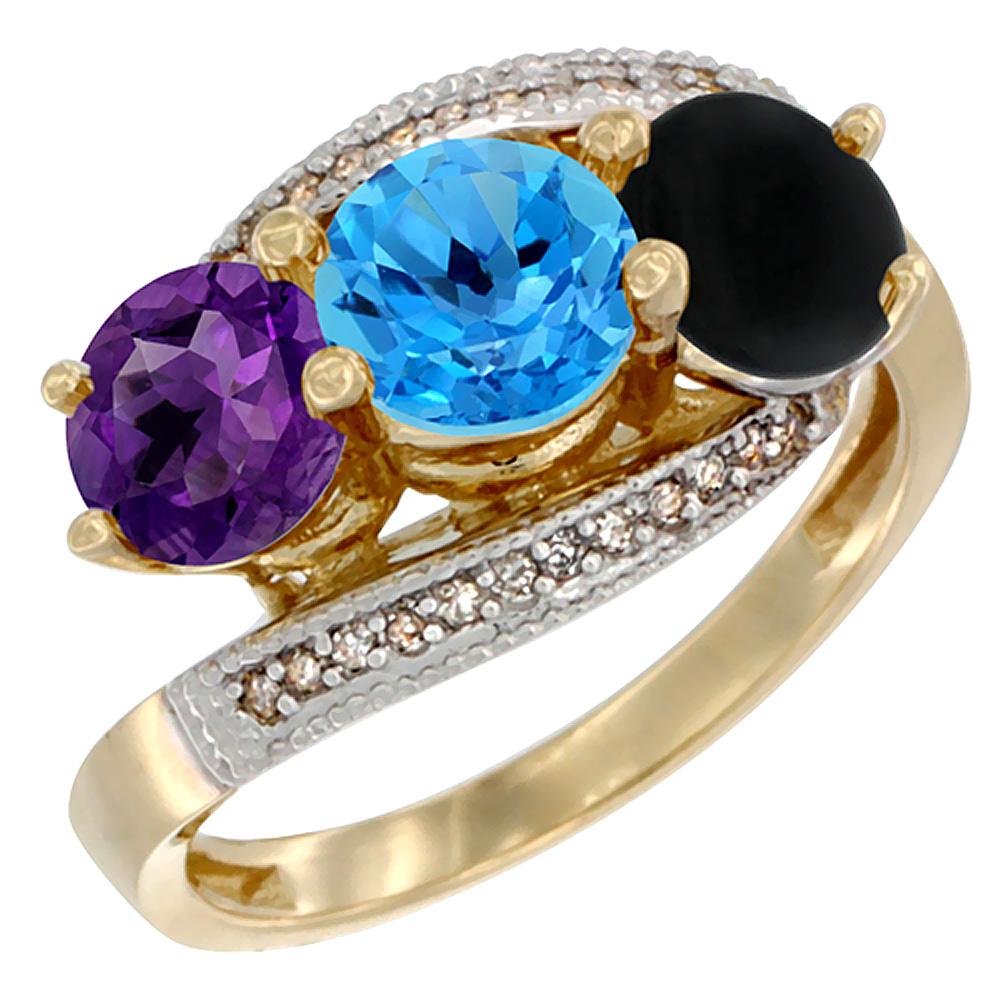 14K Yellow Gold Natural Amethyst, Swiss Blue Topaz &amp; Black Onyx 3 stone Ring Round 6mm Diamond Accent, sizes 5 - 10
