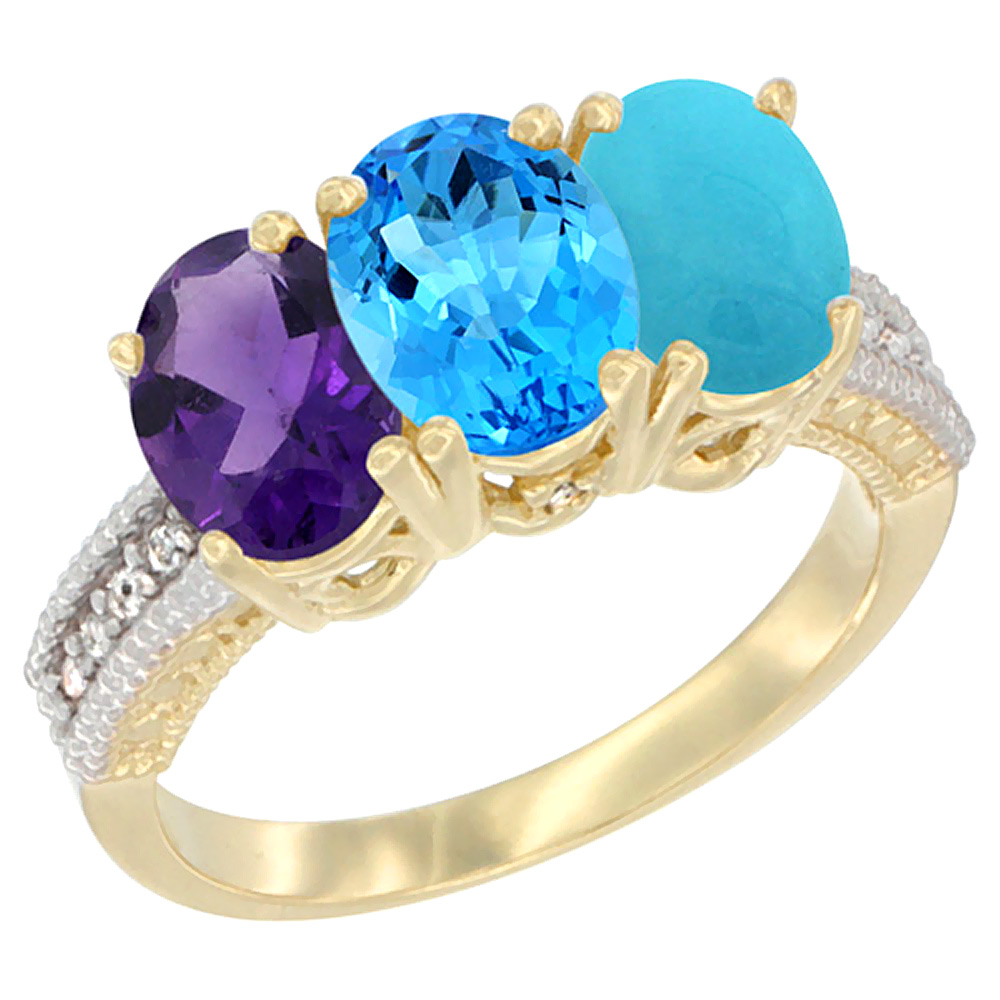 10K Yellow Gold Diamond Natural Amethyst, Swiss Blue Topaz & Turquoise Ring Oval 3-Stone 7x5 mm,sizes 5-10