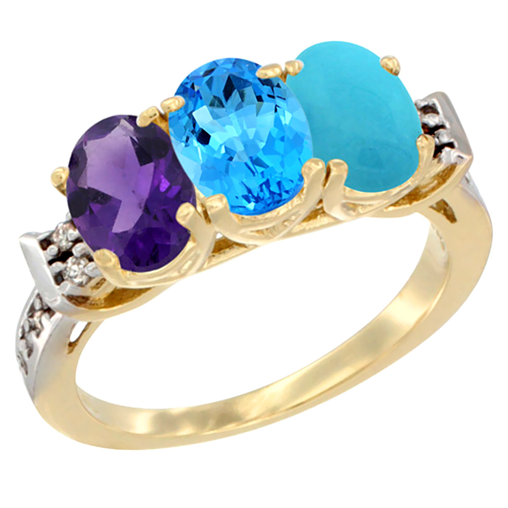 14K Yellow Gold Natural Amethyst, Swiss Blue Topaz &amp; Turquoise Ring 3-Stone 7x5 mm Oval Diamond Accent, sizes 5 - 10