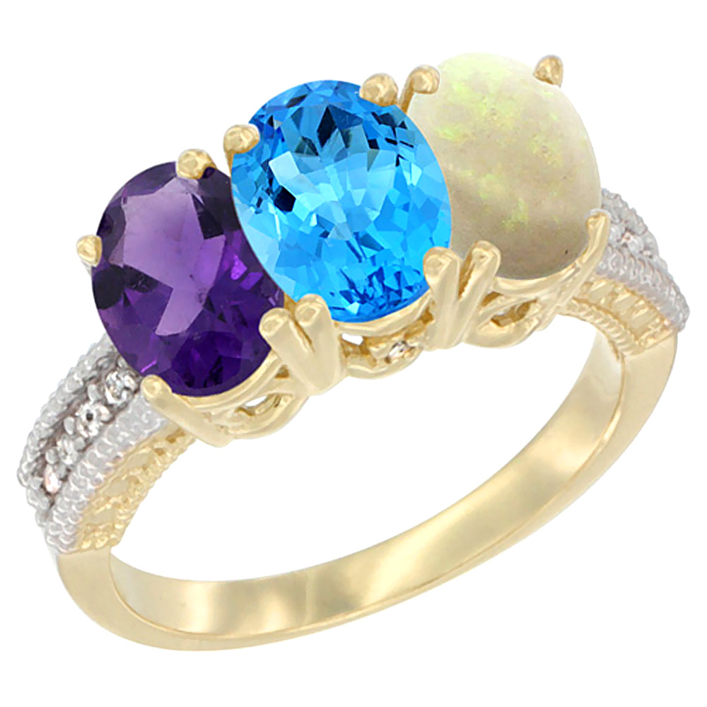 14K Yellow Gold Natural Amethyst, Swiss Blue Topaz & Opal Ring 3-Stone 7x5 mm Oval Diamond Accent, sizes 5 - 10