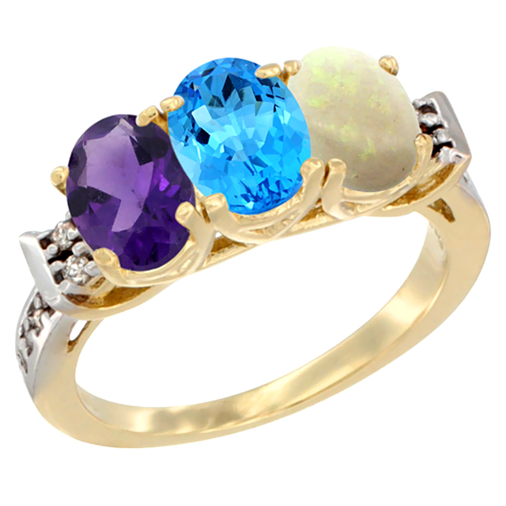 10K Yellow Gold Natural Amethyst, Swiss Blue Topaz & Opal Ring 3-Stone Oval 7x5 mm Diamond Accent, sizes 5 - 10