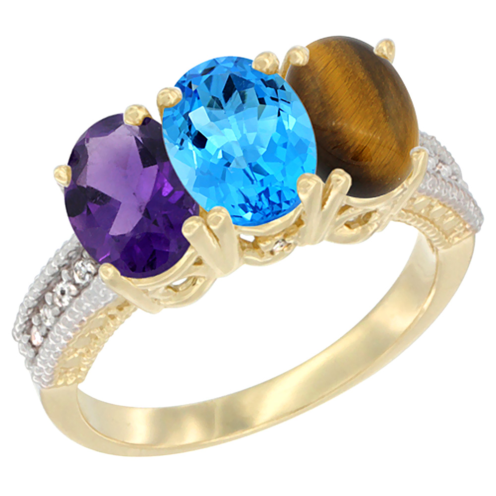 14K Yellow Gold Natural Amethyst, Swiss Blue Topaz &amp; Tiger Eye Ring 3-Stone 7x5 mm Oval Diamond Accent, sizes 5 - 10