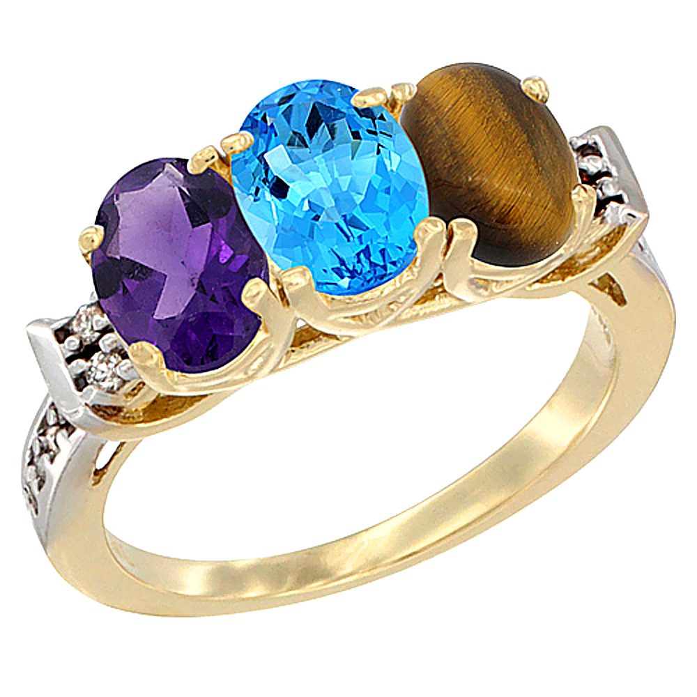 10K Yellow Gold Natural Amethyst, Swiss Blue Topaz &amp; Tiger Eye Ring 3-Stone Oval 7x5 mm Diamond Accent, sizes 5 - 10