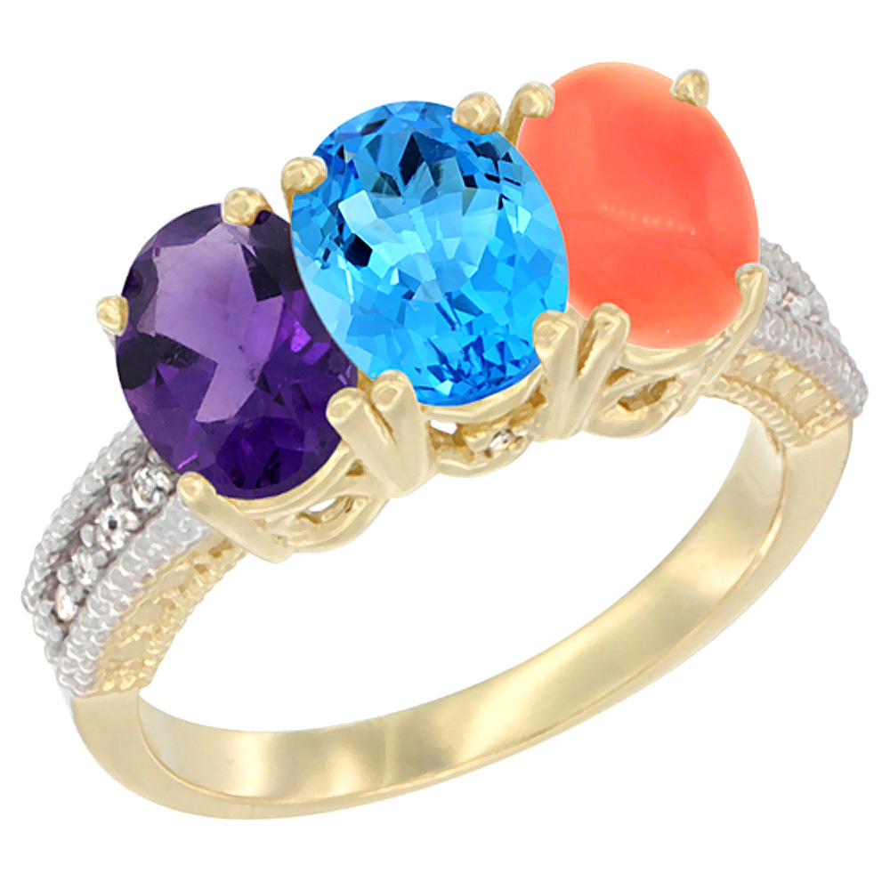 14K Yellow Gold Natural Amethyst, Swiss Blue Topaz &amp; Coral Ring 3-Stone 7x5 mm Oval Diamond Accent, sizes 5 - 10