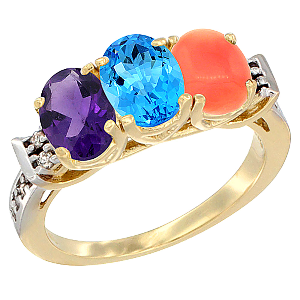 10K Yellow Gold Natural Amethyst, Swiss Blue Topaz &amp; Coral Ring 3-Stone Oval 7x5 mm Diamond Accent, sizes 5 - 10
