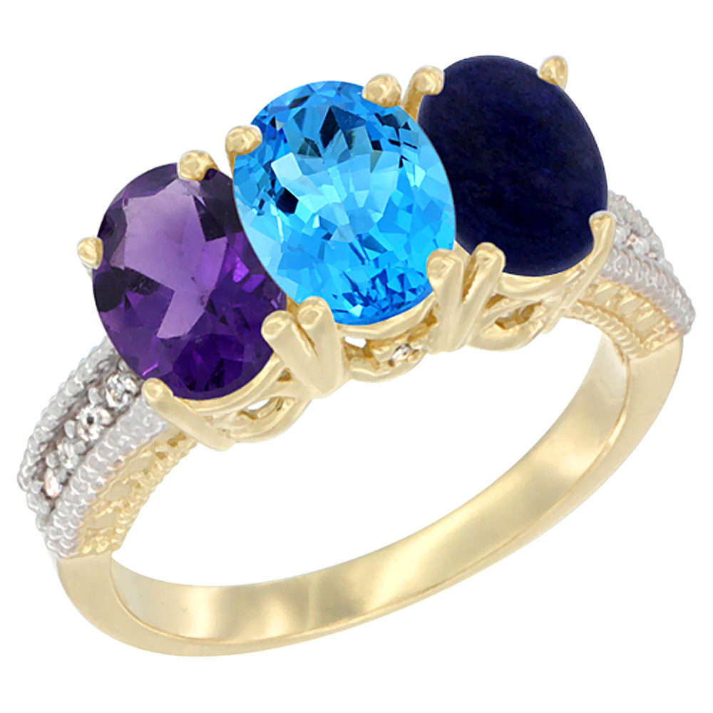 14K Yellow Gold Natural Amethyst, Swiss Blue Topaz &amp; Lapis Ring 3-Stone 7x5 mm Oval Diamond Accent, sizes 5 - 10
