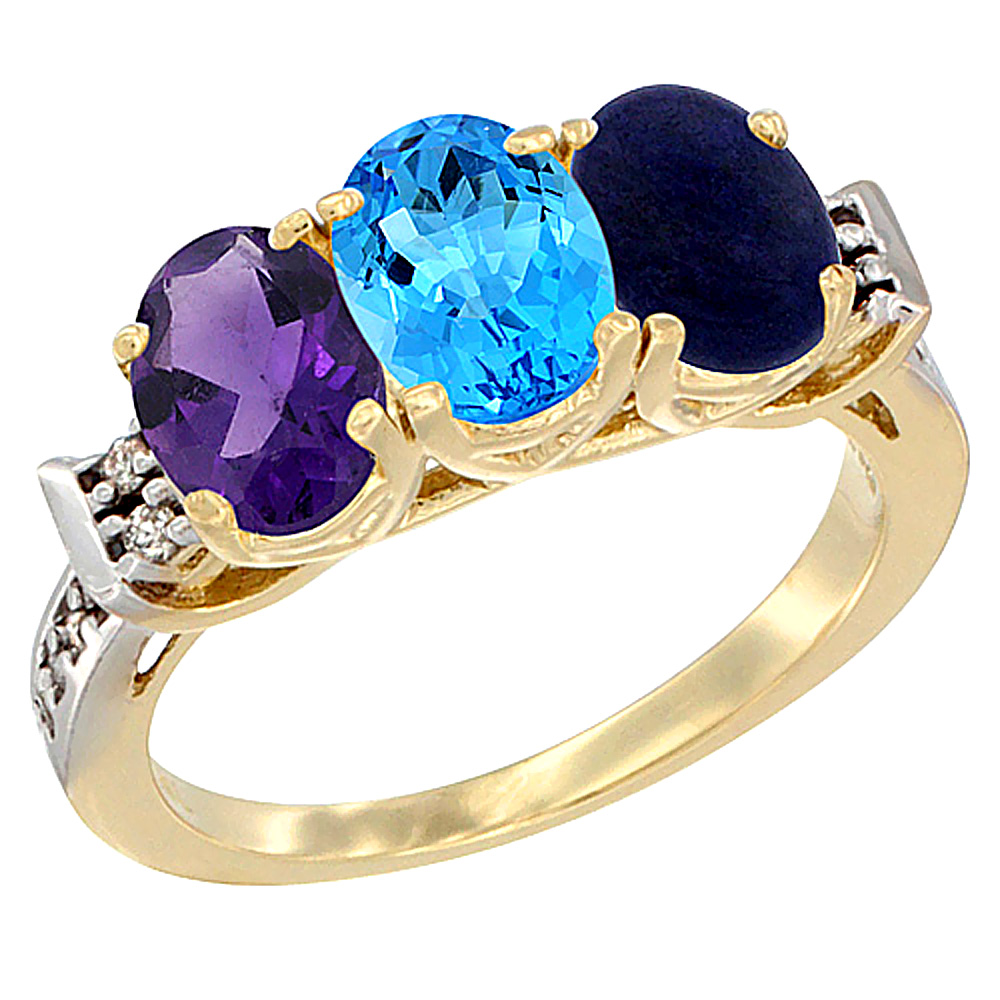 10K Yellow Gold Natural Amethyst, Swiss Blue Topaz &amp; Lapis Ring 3-Stone Oval 7x5 mm Diamond Accent, sizes 5 - 10