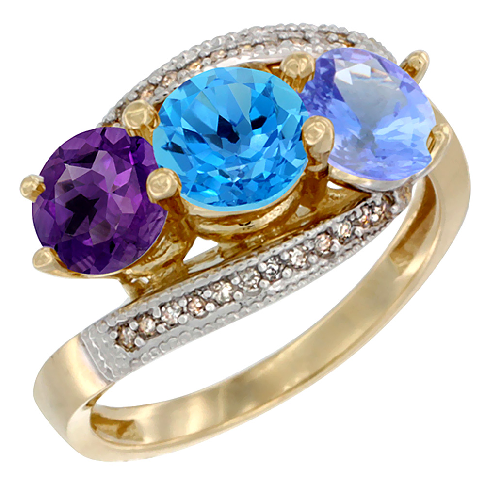 10K Yellow Gold Natural Amethyst, Swiss Blue Topaz & Tanzanite 3 stone Ring Round 6mm Diamond Accent, sizes 5 - 10
