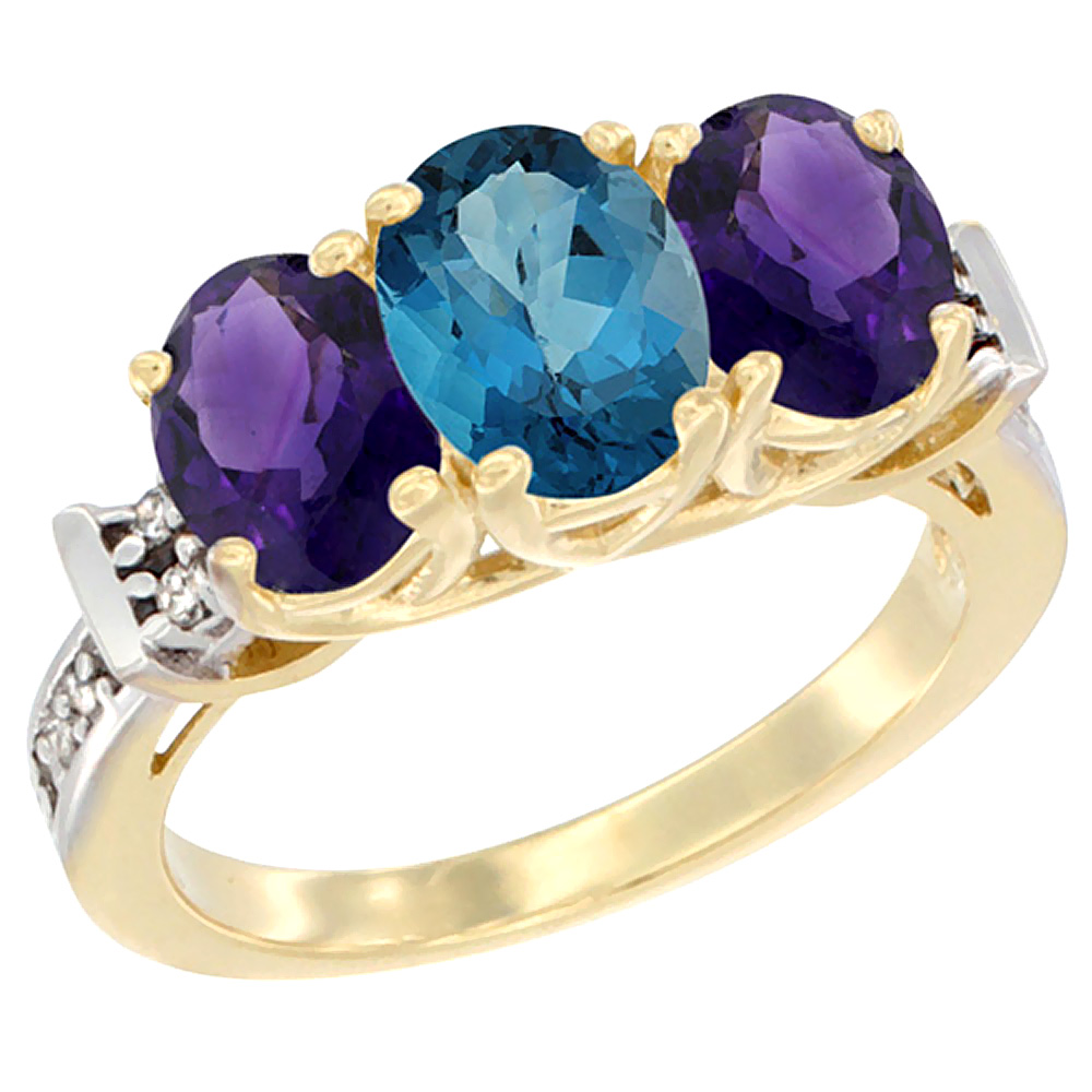 14K Yellow Gold Natural London Blue Topaz & Amethyst Sides Ring 3-Stone Oval Diamond Accent, sizes 5 - 10