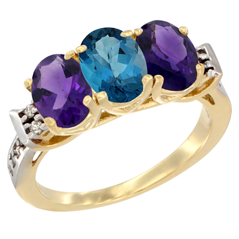 10K Yellow Gold Natural London Blue Topaz & Amethyst Sides Ring 3-Stone Oval 7x5 mm Diamond Accent, sizes 5 - 10