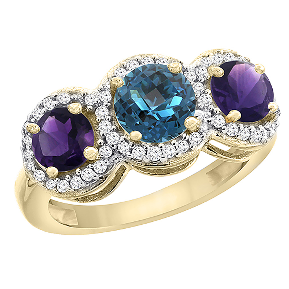 14K Yellow Gold Natural London Blue Topaz & Amethyst Sides Round 3-stone Ring Diamond Accents, sizes 5 - 10