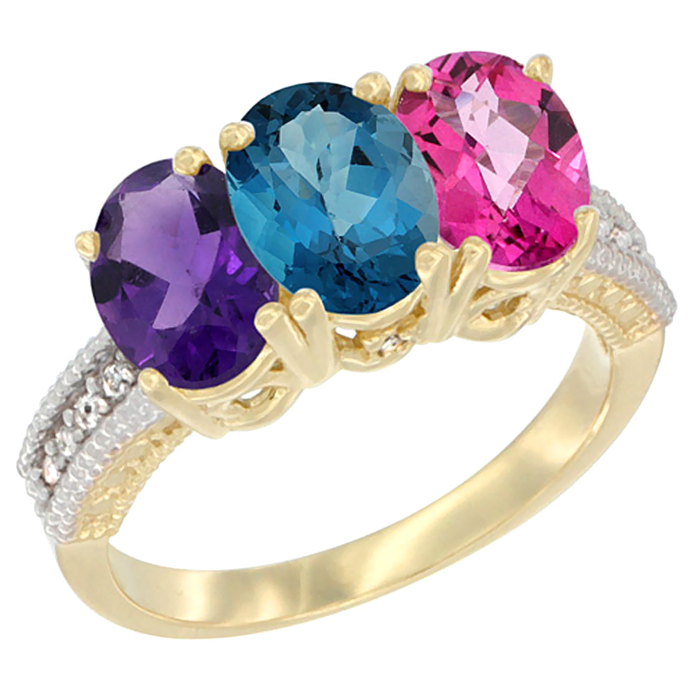 14K Yellow Gold Natural Amethyst, London Blue Topaz & Pink Topaz Ring 3-Stone 7x5 mm Oval Diamond Accent, sizes 5 - 10