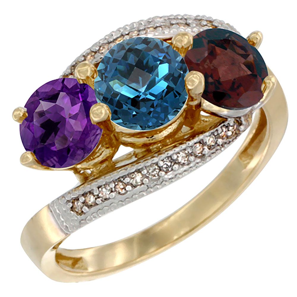 14K Yellow Gold Natural Amethyst, London Blue Topaz &amp; Garnet 3 stone Ring Round 6mm Diamond Accent, sizes 5 - 10