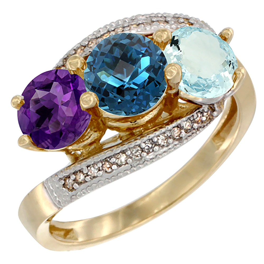 10K Yellow Gold Natural Amethyst, London Blue Topaz & Aquamarine 3 stone Ring Round 6mm Diamond Accent, sizes 5 - 10