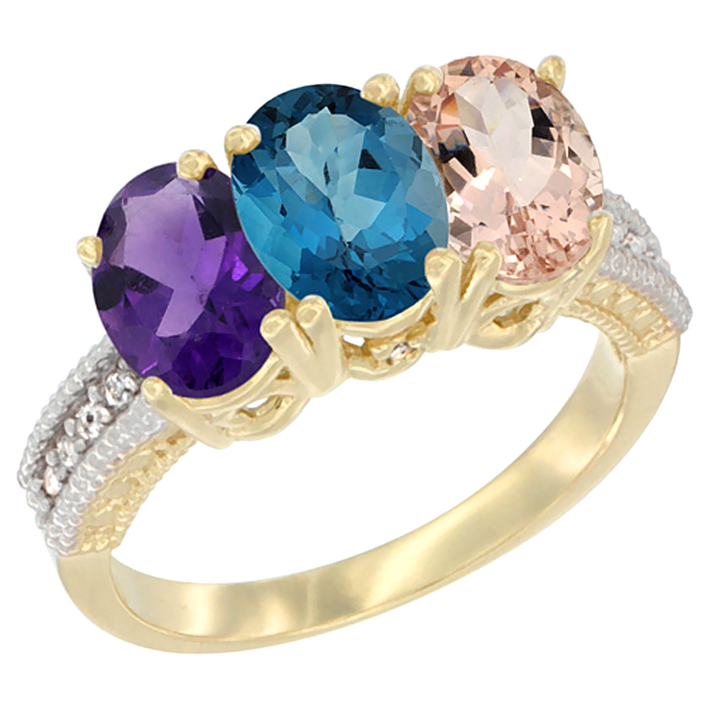 14K Yellow Gold Natural Amethyst, London Blue Topaz & Morganite Ring 3-Stone 7x5 mm Oval Diamond Accent, sizes 5 - 10