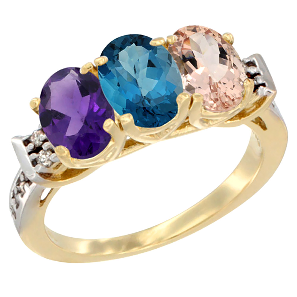 10K Yellow Gold Natural Amethyst, London Blue Topaz & Morganite Ring 3-Stone Oval 7x5 mm Diamond Accent, sizes 5 - 10