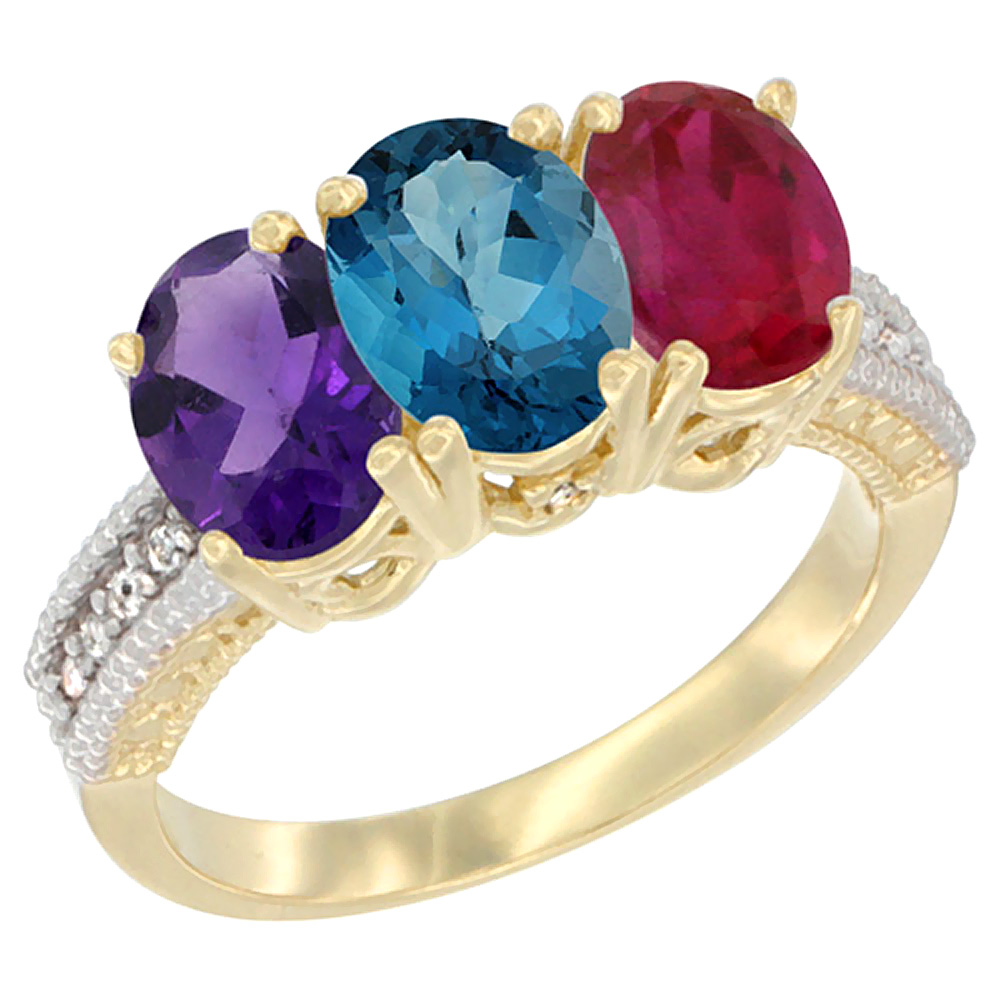 14K Yellow Gold Natural Amethyst, London Blue Topaz &amp; Enhanced Ruby Ring 3-Stone 7x5 mm Oval Diamond Accent, sizes 5 - 10