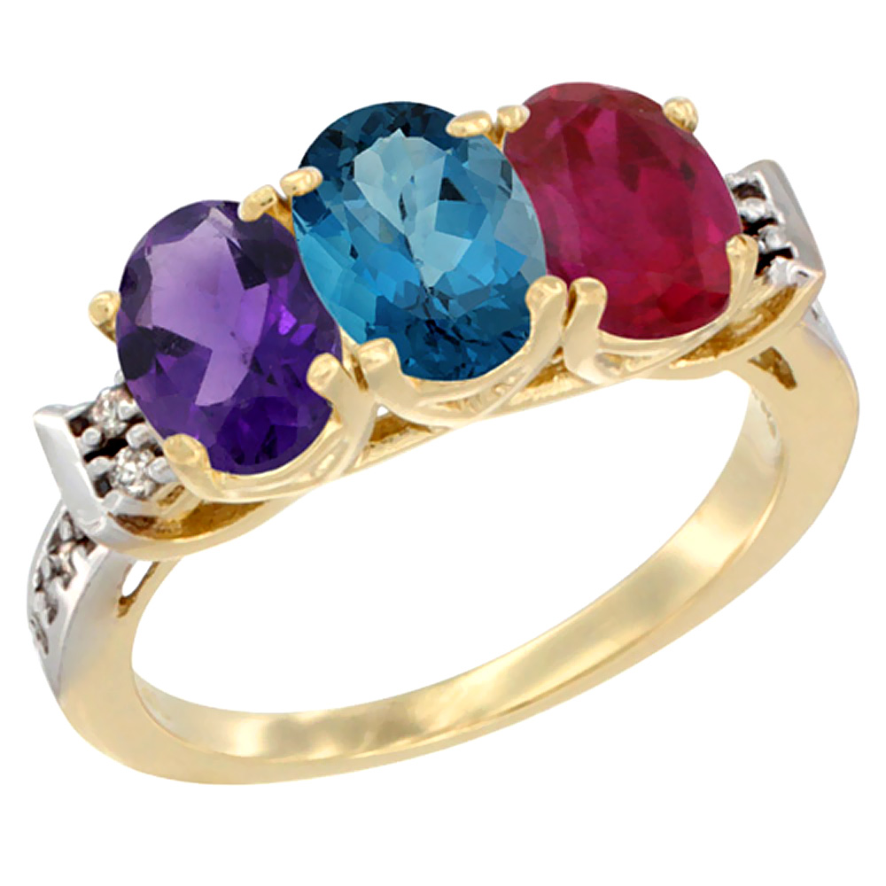 14K Yellow Gold Natural Amethyst, London Blue Topaz & Enhanced Ruby Ring 3-Stone 7x5 mm Oval Diamond Accent, sizes 5 - 10
