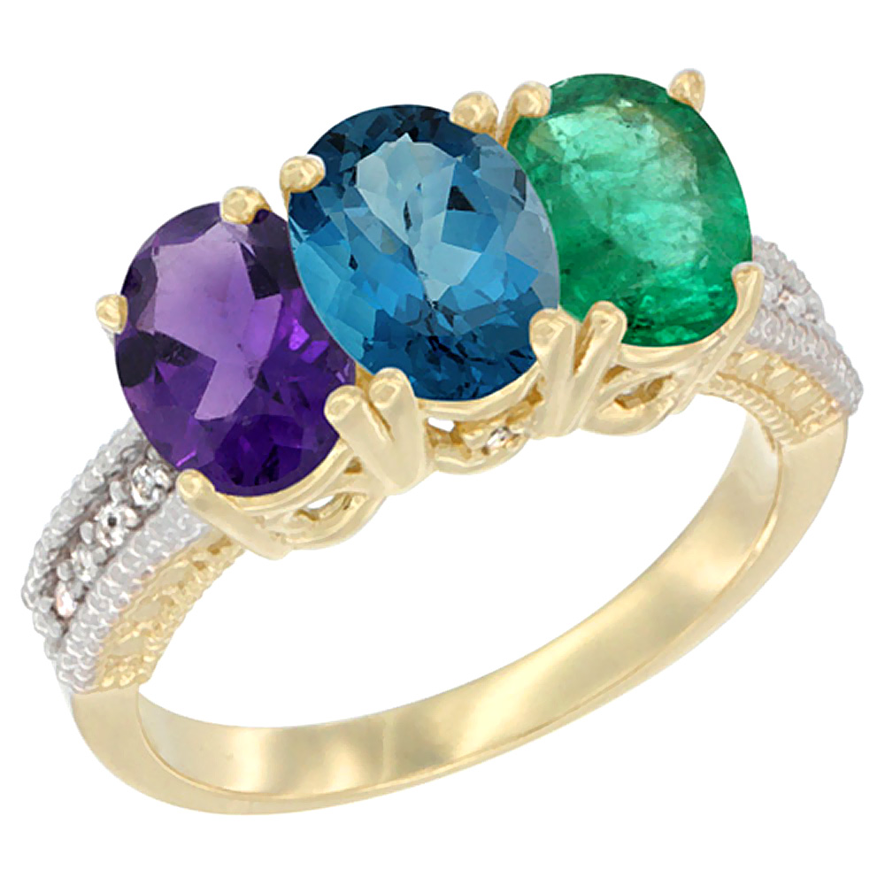 10K Yellow Gold Diamond Natural Amethyst, London Blue Topaz & Emerald Ring Oval 3-Stone 7x5 mm,sizes 5-10