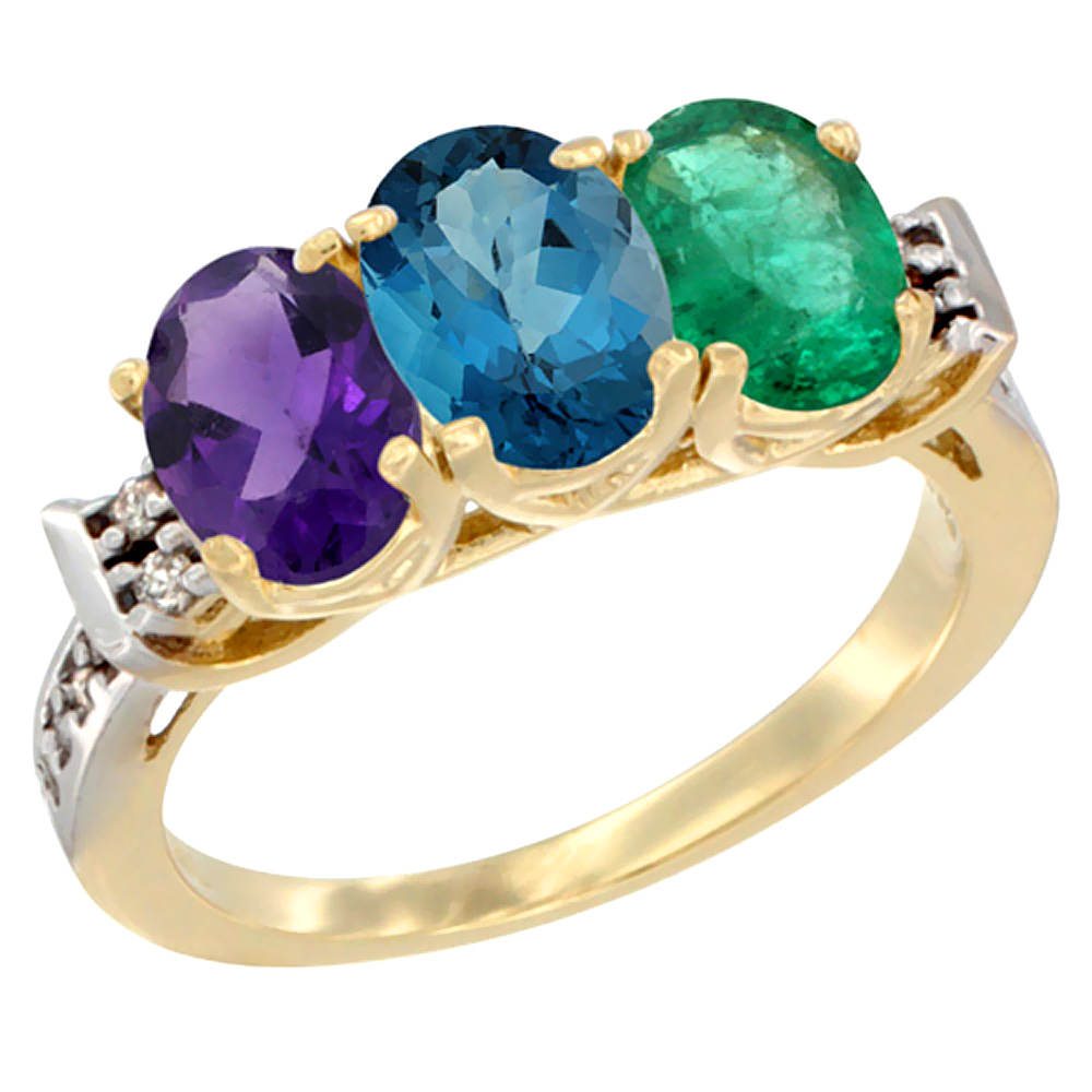 14K Yellow Gold Natural Amethyst, London Blue Topaz &amp; Emerald Ring 3-Stone 7x5 mm Oval Diamond Accent, sizes 5 - 10