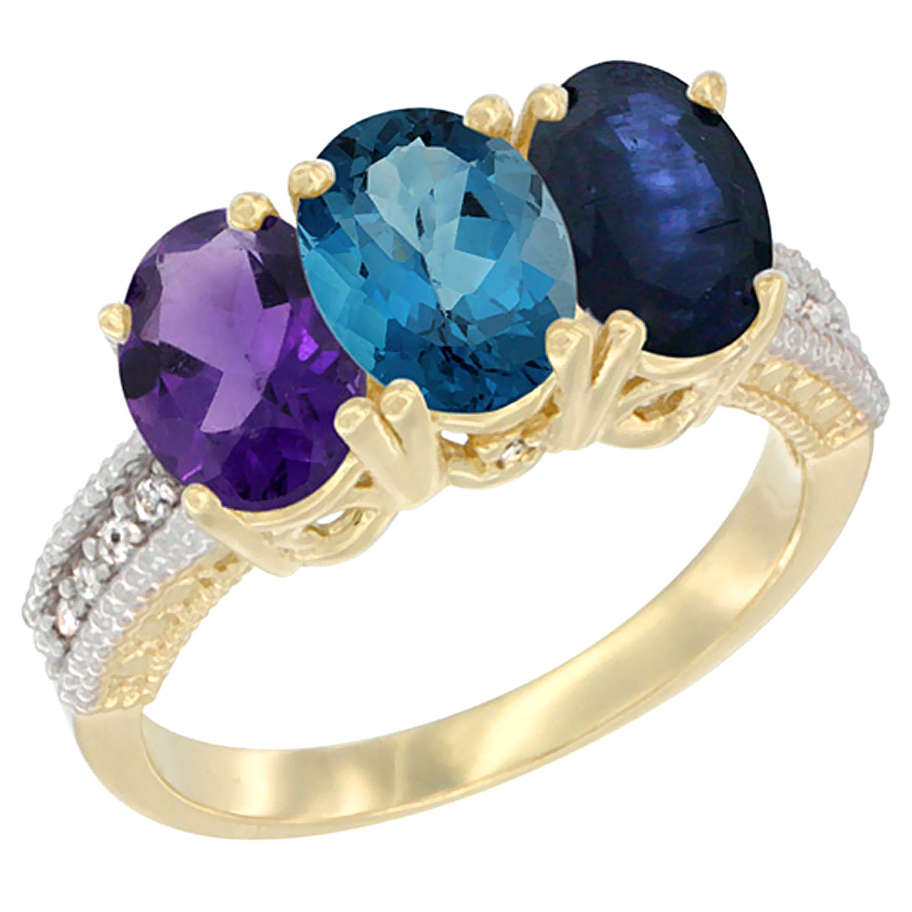 14K Yellow Gold Natural Amethyst, London Blue Topaz & Blue Sapphire Ring 3-Stone 7x5 mm Oval Diamond Accent, sizes 5 - 10